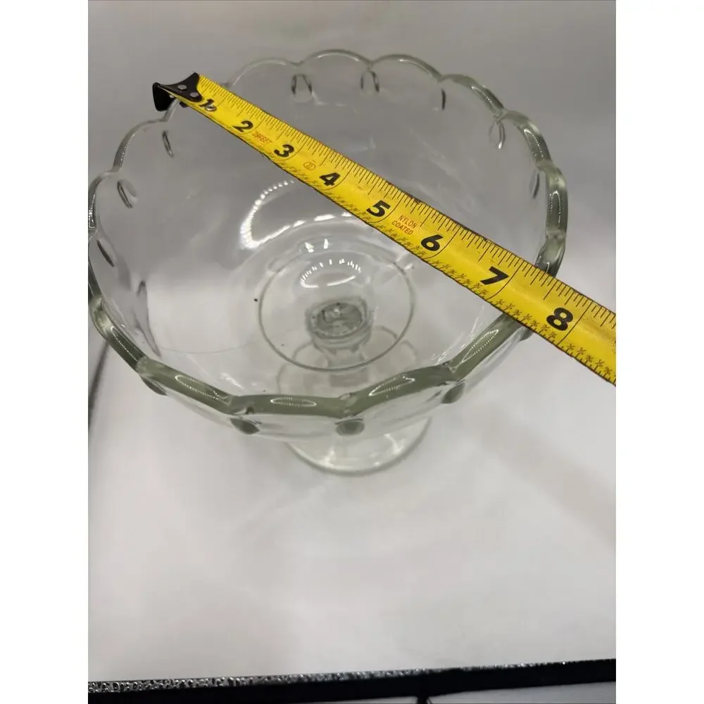 Vintage Clear Pressed Glass Pedestal Compote Bowl Scalloped Rim 7.5” *